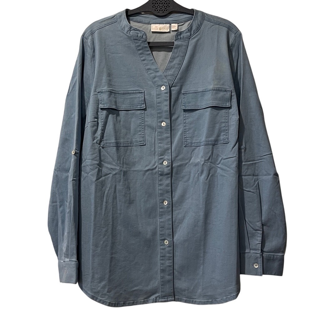 Belle Kim Gravel Button‎ Front Utility Blouse Large